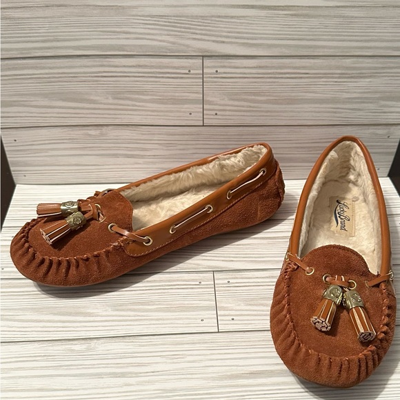 Lucky Brand Cognac Brown LeatherUpper Faux Fur Lined Moccasins FlatsLoafers Sz 8 - Picture 2 of 6
